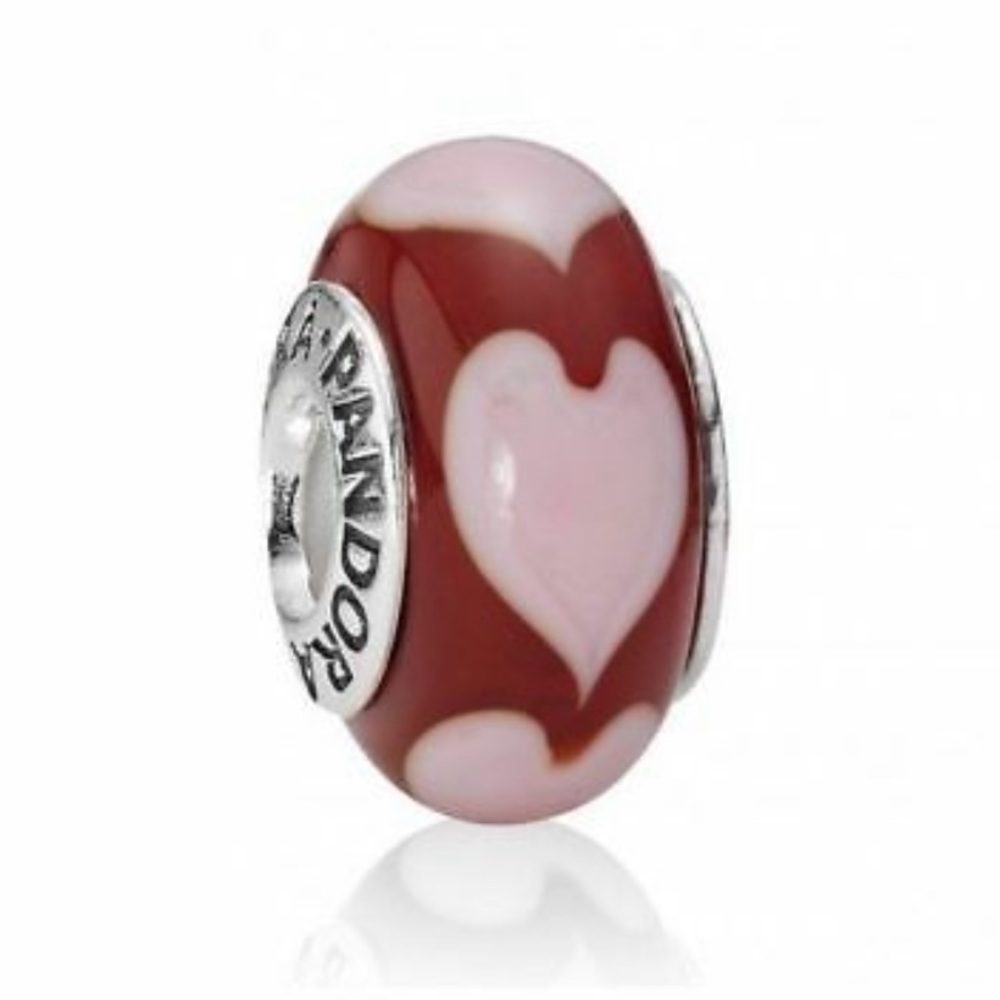PANDORA red murano glass charm with pink hearts